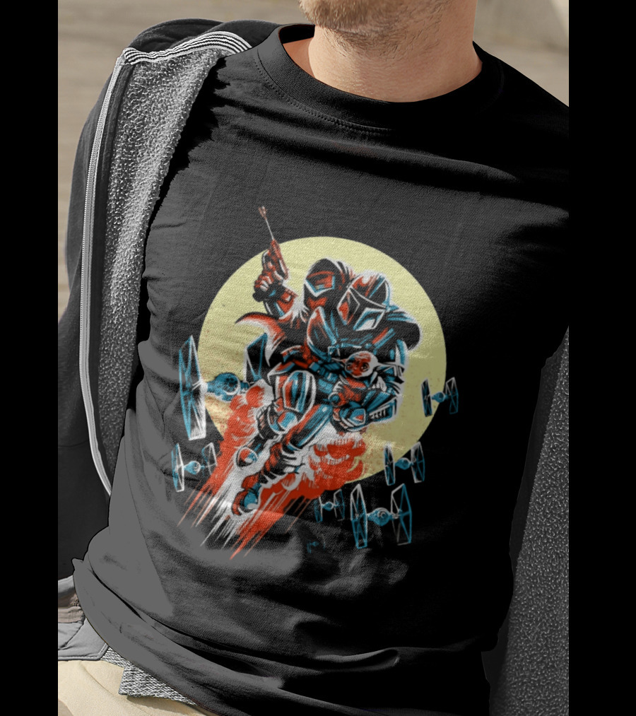 Din Djarin Grogu TIE Fighters Mandalorian Jetpack Adventure T-Shirt