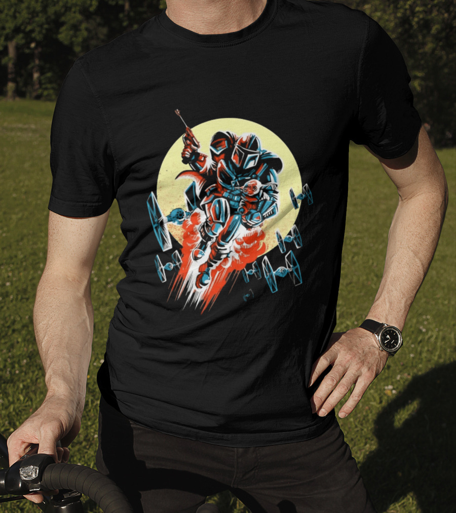 Din Djarin Grogu TIE Fighters Mandalorian Jetpack Adventure T-Shirt