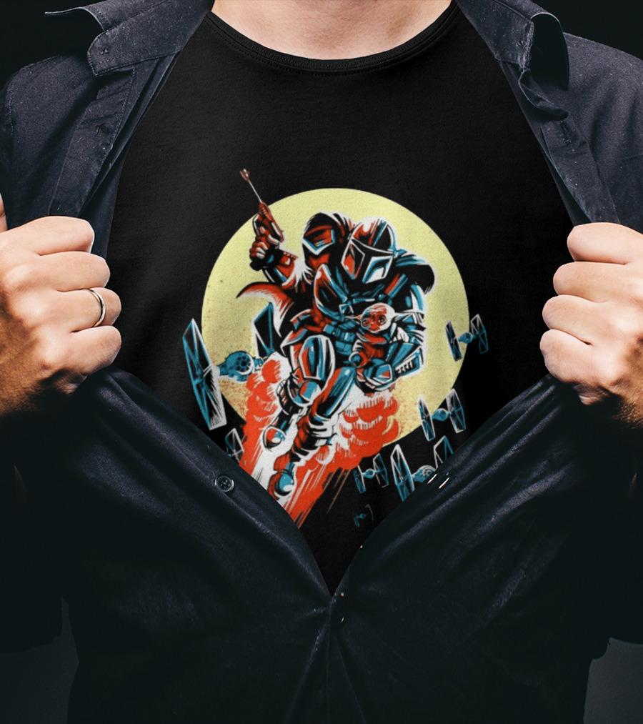 Din Djarin Grogu TIE Fighters Mandalorian Jetpack Adventure T-Shirt