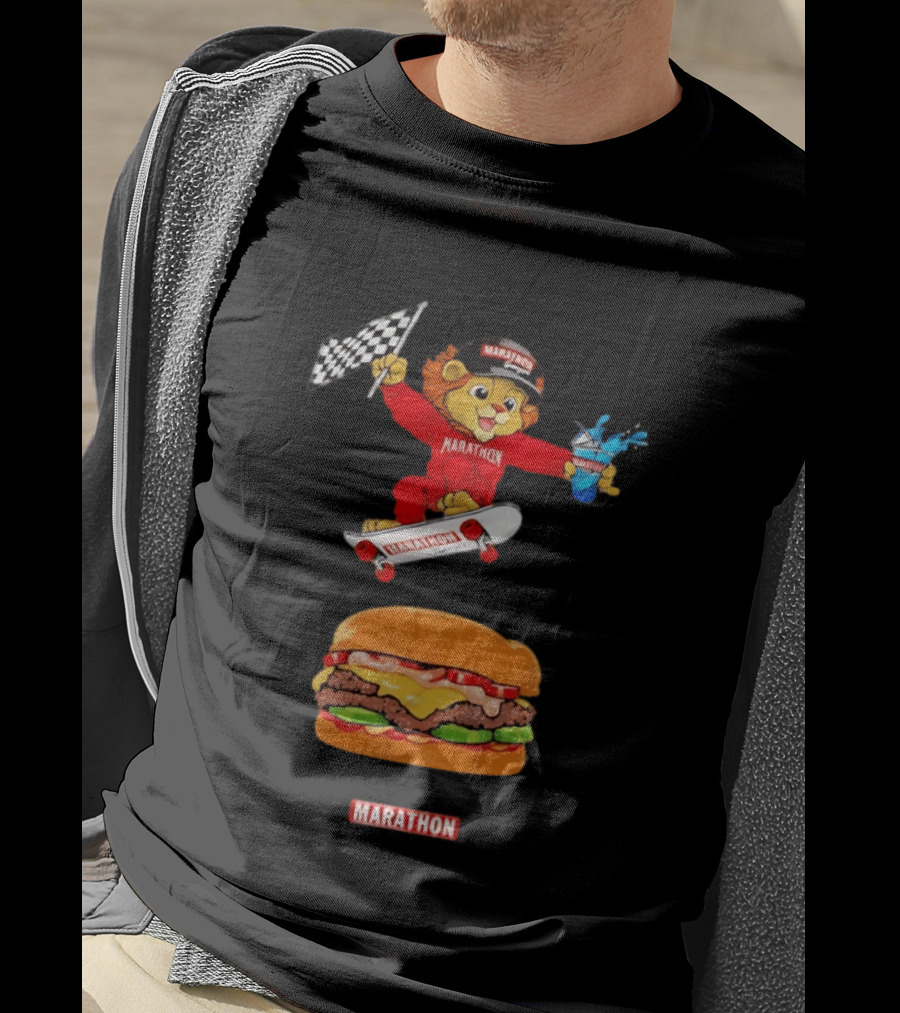 Marathon Lion Skateboarding Checkered Flag Cheeseburger T-Shirt