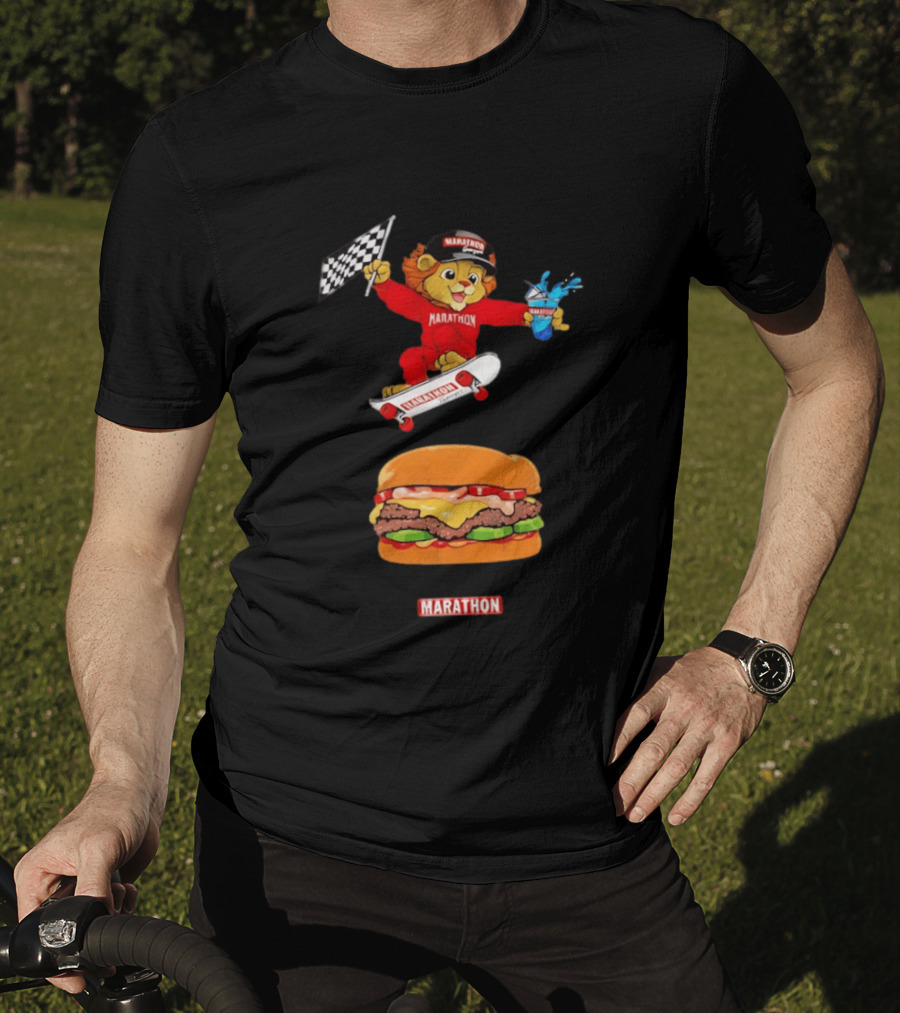 Marathon Lion Skateboarding Checkered Flag Cheeseburger T-Shirt