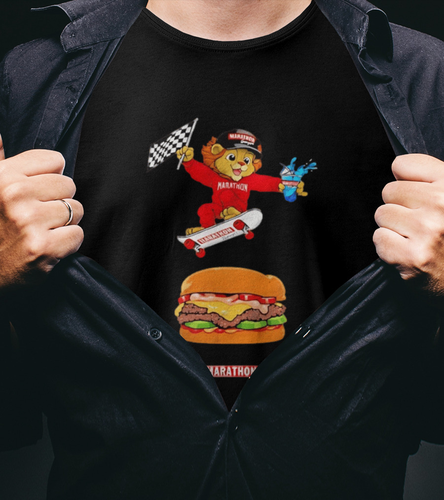 Marathon Lion Skateboarding Checkered Flag Cheeseburger T-Shirt