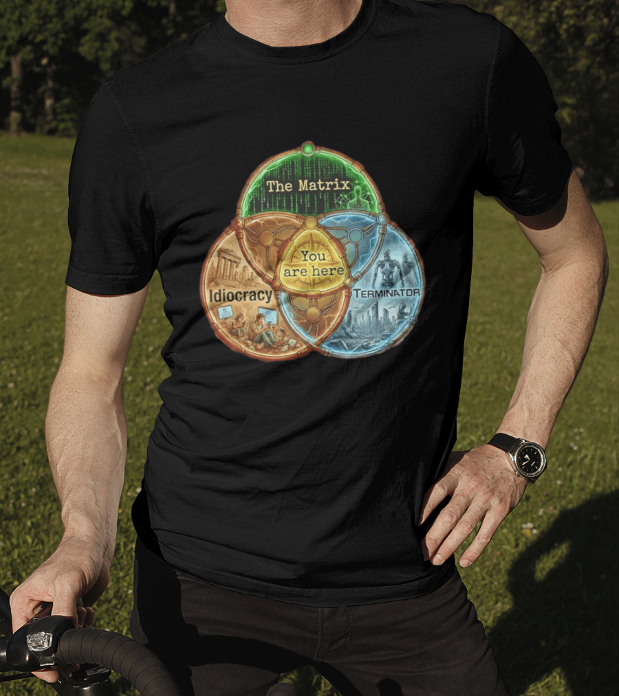 The Matrix Idiocracy Terminator You Are Here Fusion Of Iconic Sci Fi Dystopias T-Shirt