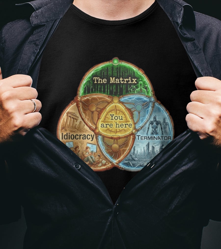 The Matrix Idiocracy Terminator You Are Here Fusion Of Iconic Sci Fi Dystopias T-Shirt
