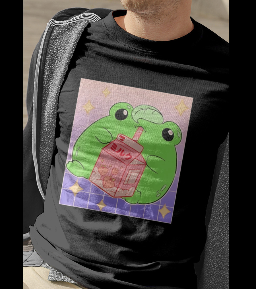 Frog With Peach Milk Box Kawaii Cartoon T-Shirt
