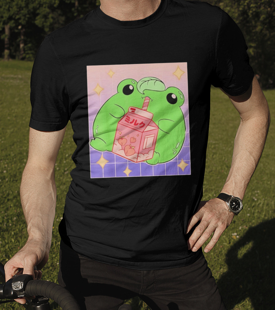 Frog With Peach Milk Box Kawaii Cartoon T-Shirt