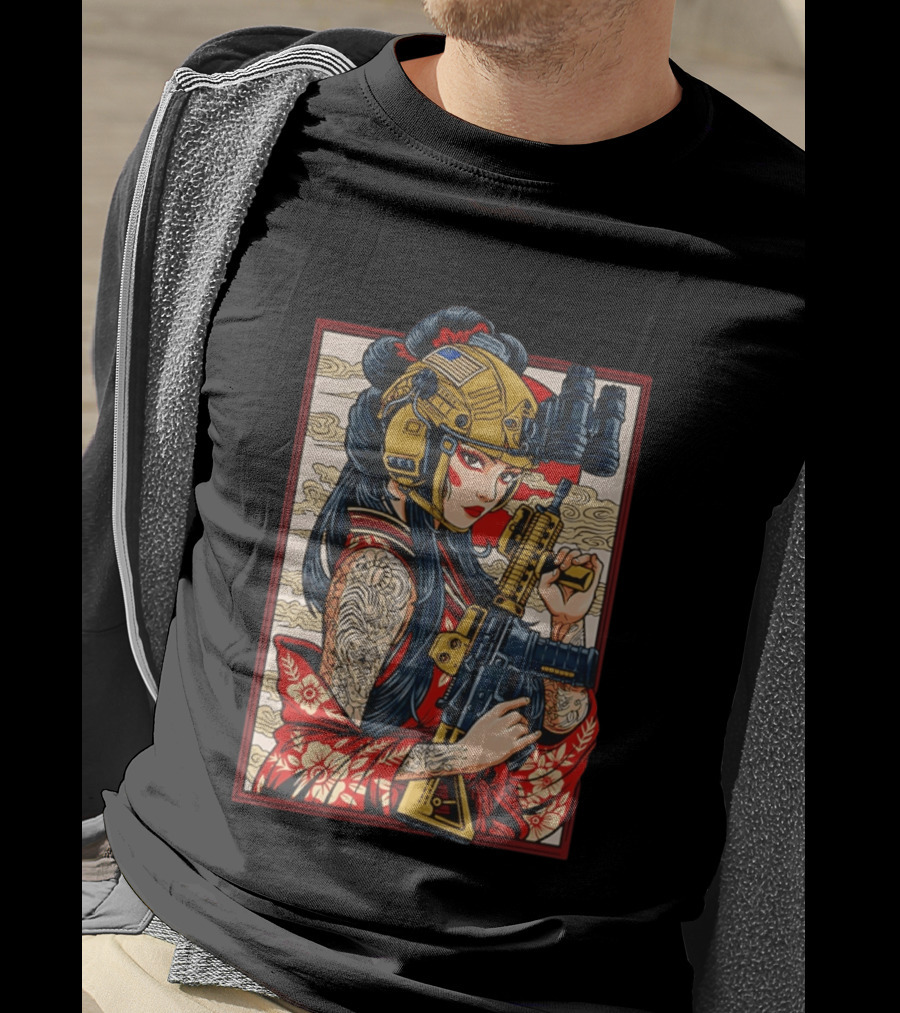 Geisha Anime Tactical Card Warrior With Helmet And Rifle T-Shirt