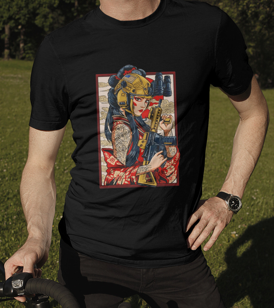 Geisha Anime Tactical Card Warrior With Helmet And Rifle T-Shirt