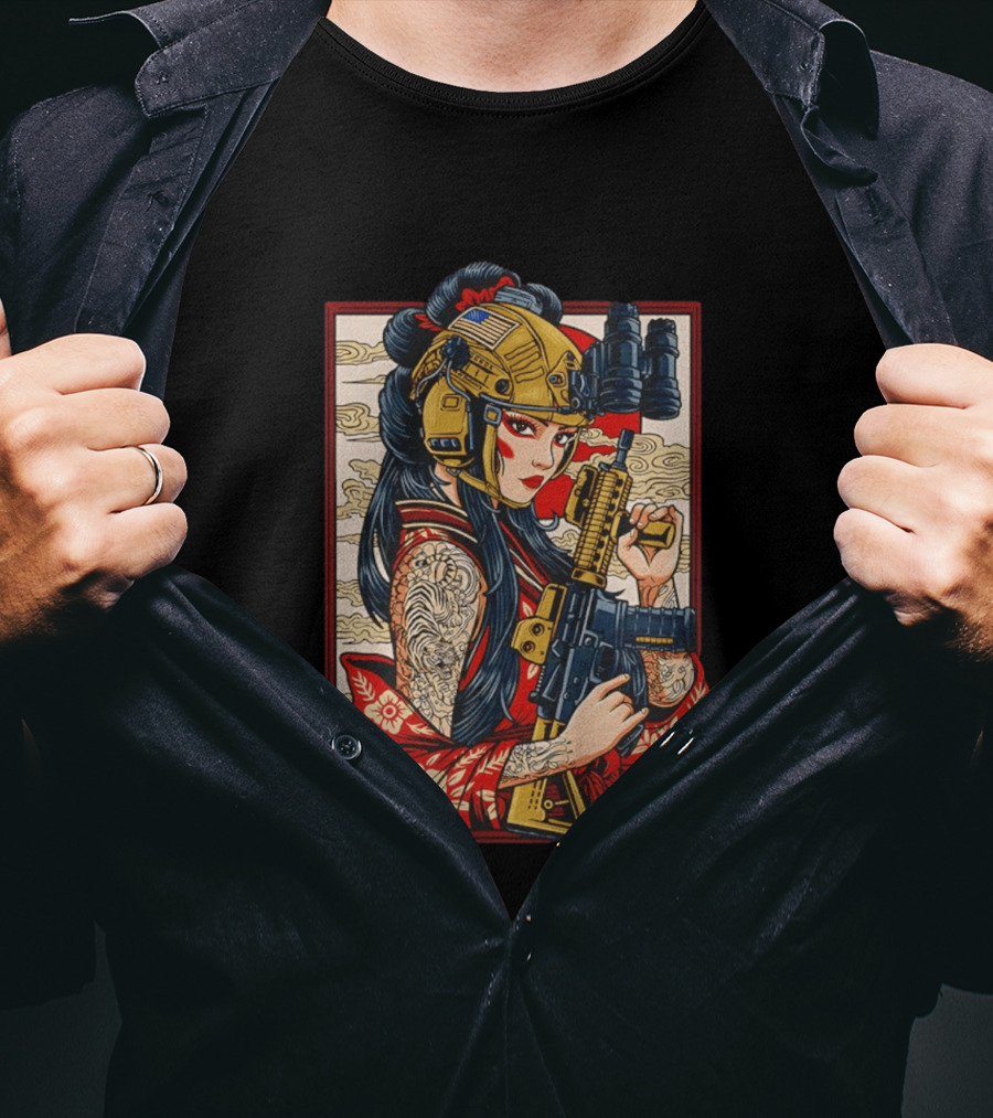 Geisha Anime Tactical Card Warrior With Helmet And Rifle T-Shirt