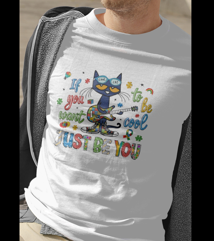 Cool Cat Just Be You Autism Puzzle Guitar T-Shirt