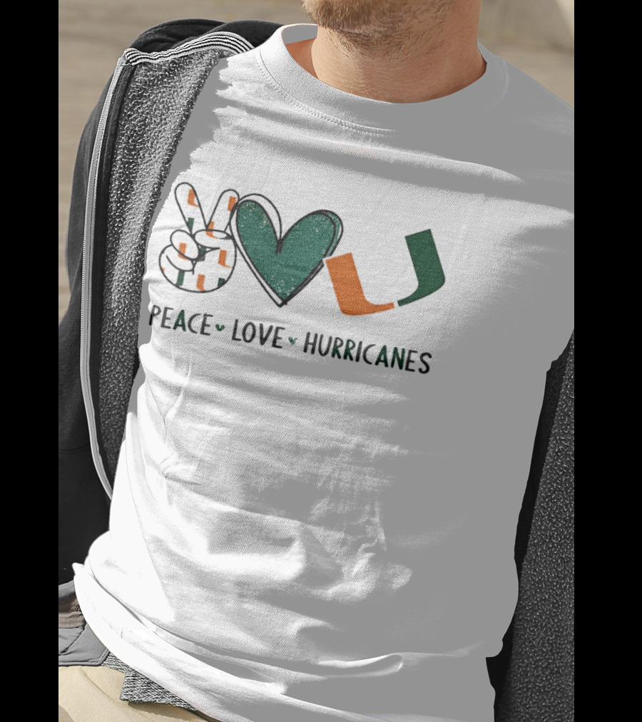 Peace Love Hurricanes Miami Hurricanes Football Hand Sign Heart Shape T-Shirt