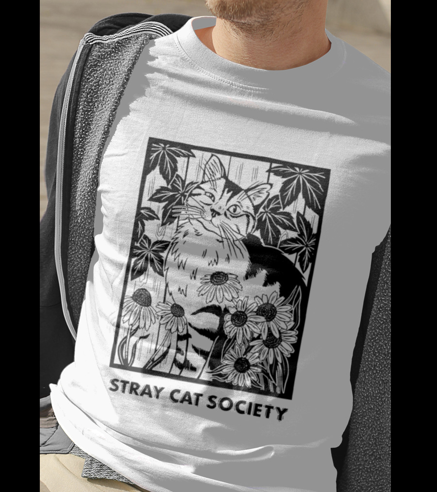 Stray Cat Society Floral And Feline Illustration With Botanical T-Shirt