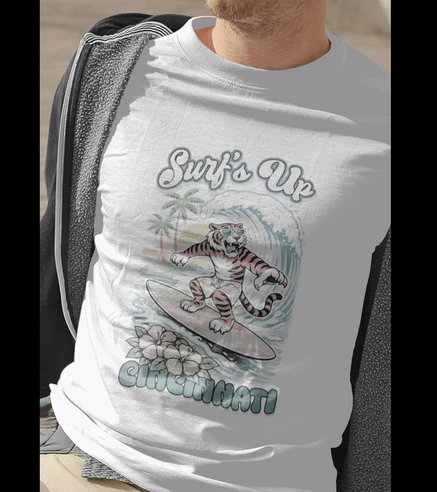 Surf's Up Cincinnati Tiger Riding Wave With Palm Trees And Sunset T-Shirt