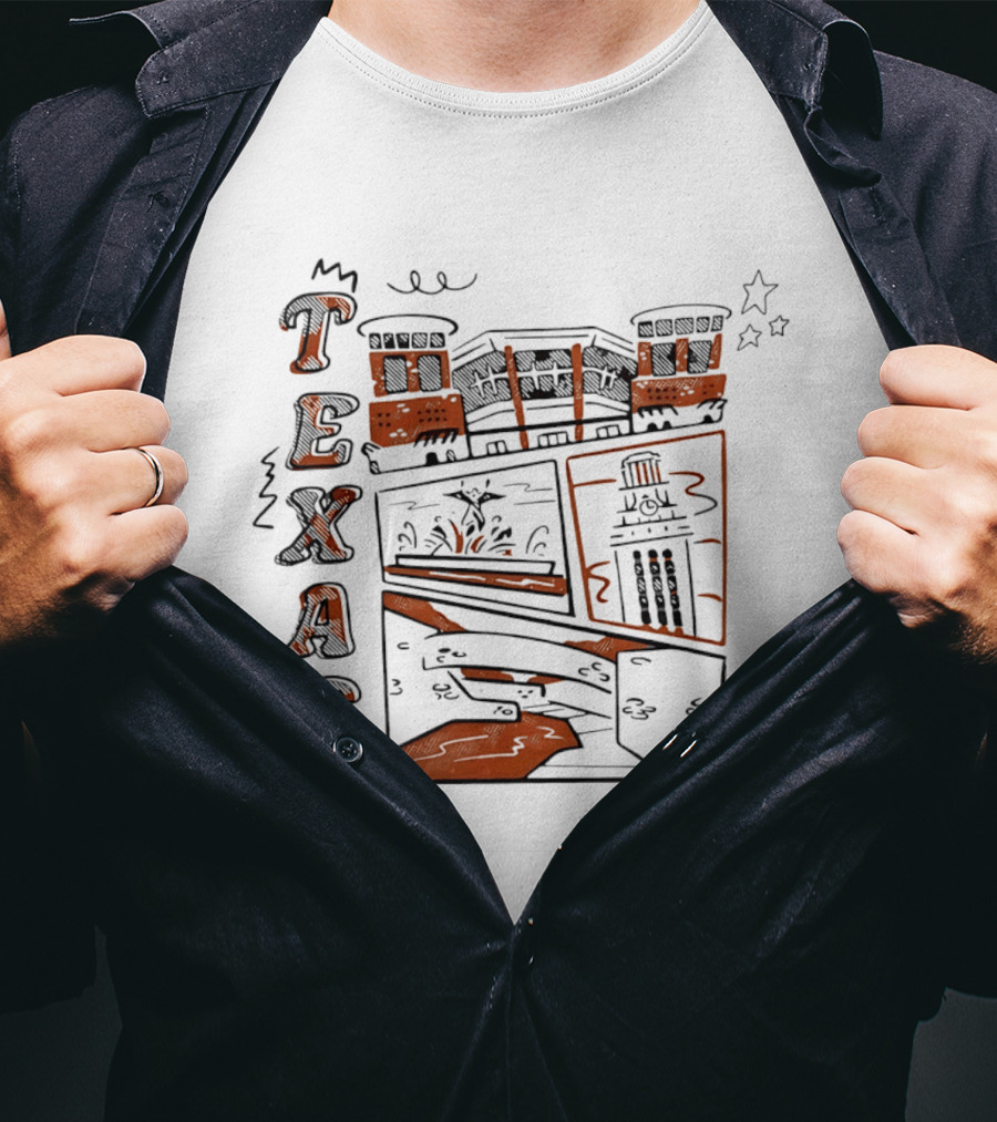 Texas Longhorns Campus Landmarks Comic Art Stadium Tower T-Shirt