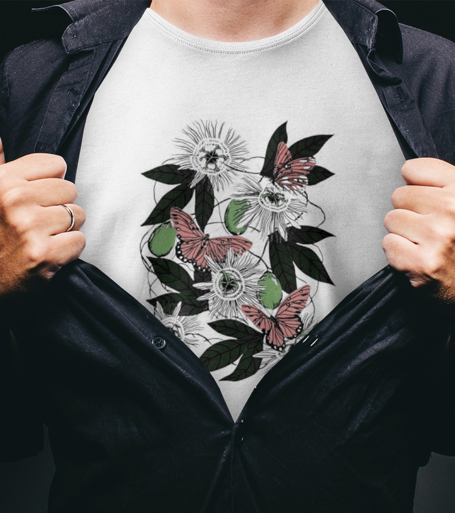 Passion Flower Pistachio Incarnata Red Butterflies Adult T-Shirt