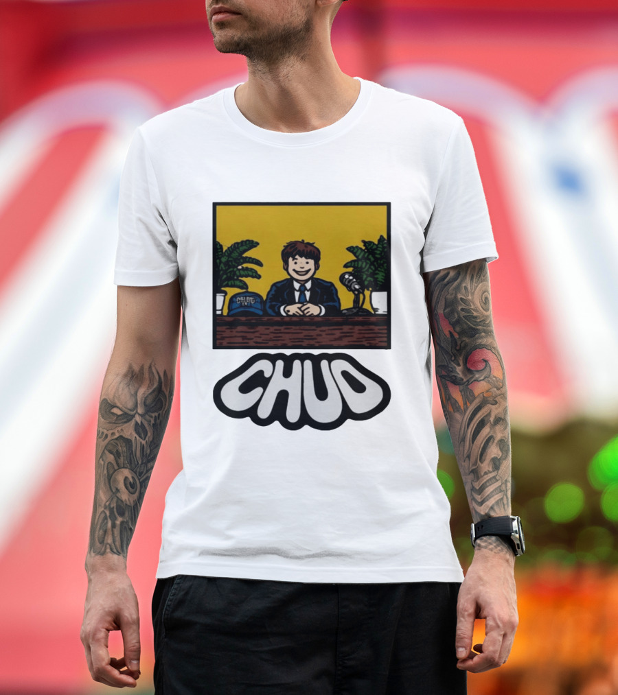 Fuentes Store Chud Comic Style Desk Scene With Microphone And Cap T-Shirt