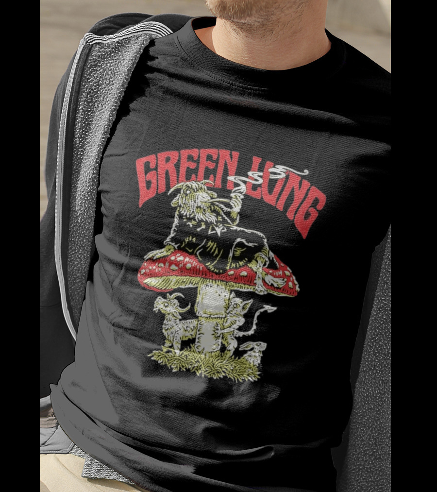 Green Lung Band Goat Smoking On Mushroom Old English Black Magic T-Shirt