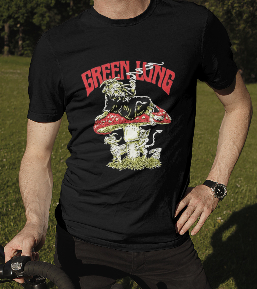 Green Lung Band Goat Smoking On Mushroom Old English Black Magic T-Shirt