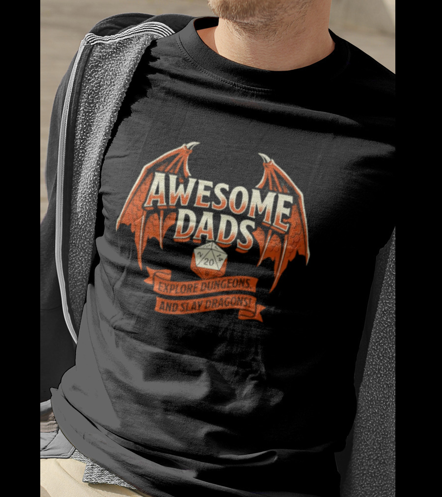 Awesome Dads Explore Dungeons And Slay Dragons 20 Sided Dice T-Shirt
