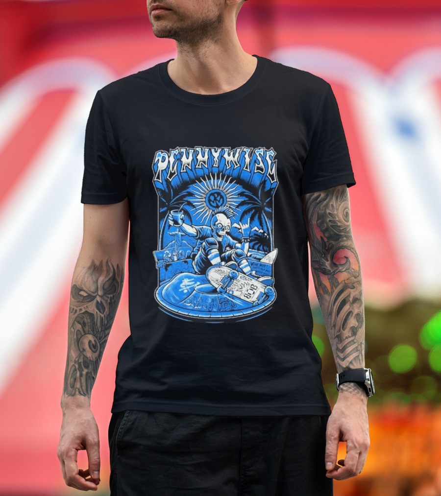 Pennywise South America Tour 2026 Skater Beach Scene With Skeleton And Skateboard Palms Waves Cup Blue Sunburst T-Shirt
