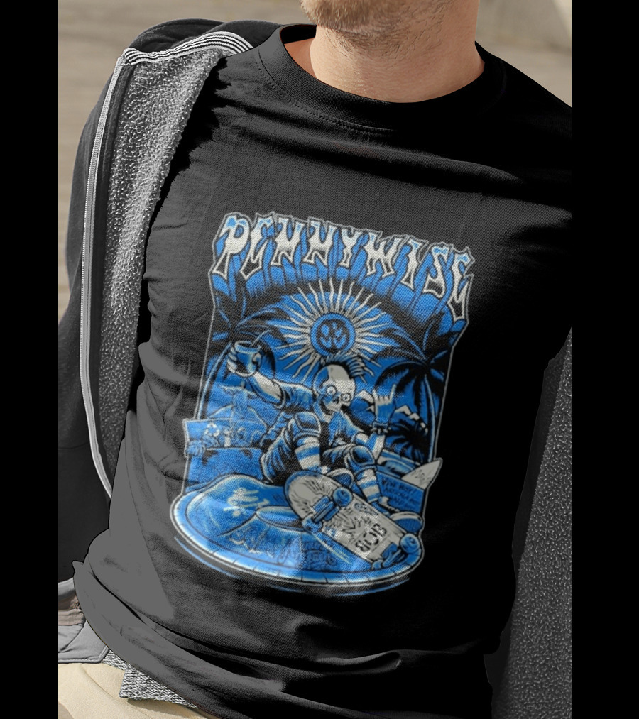 Pennywise South America Tour 2026 Skater Beach Scene With Skeleton And Skateboard Palms Waves Cup Blue Sunburst T-Shirt
