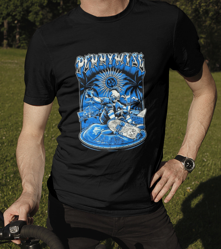 Pennywise South America Tour 2026 Skater Beach Scene With Skeleton And Skateboard Palms Waves Cup Blue Sunburst T-Shirt