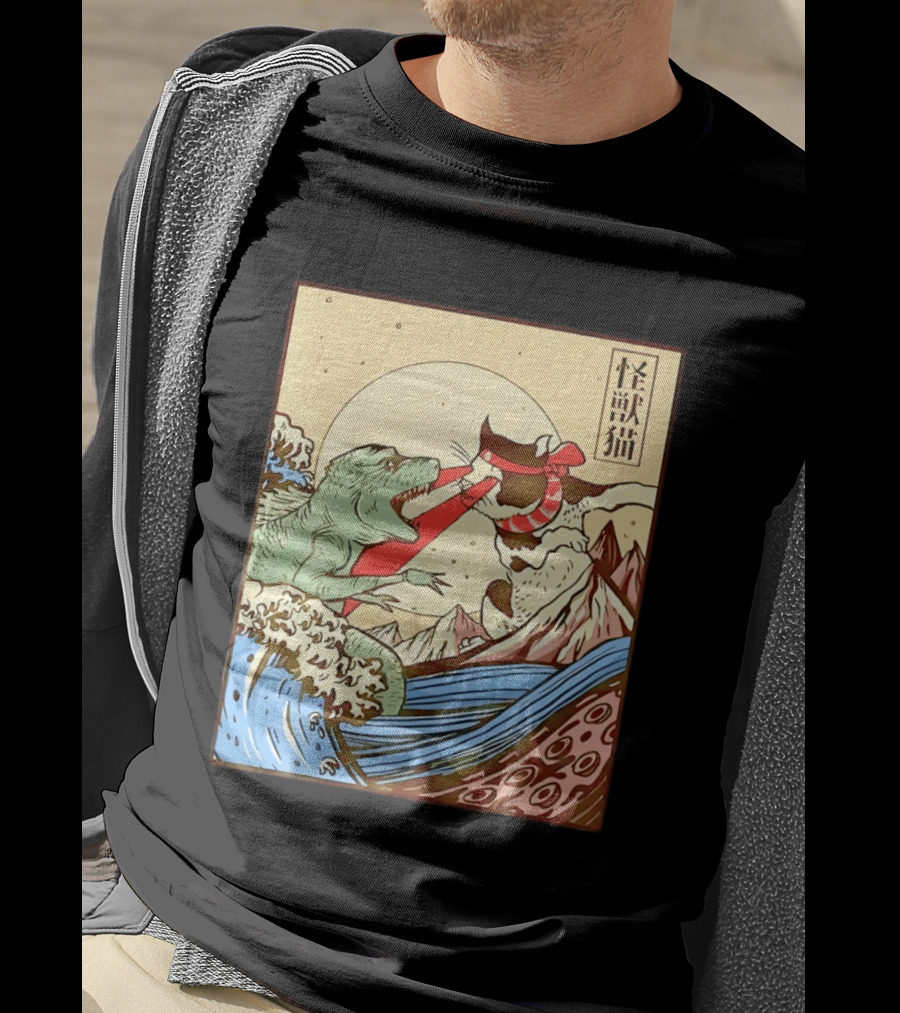 Japanese Great Wave Cat Vs Monster Classic Kaiju T-Shirt