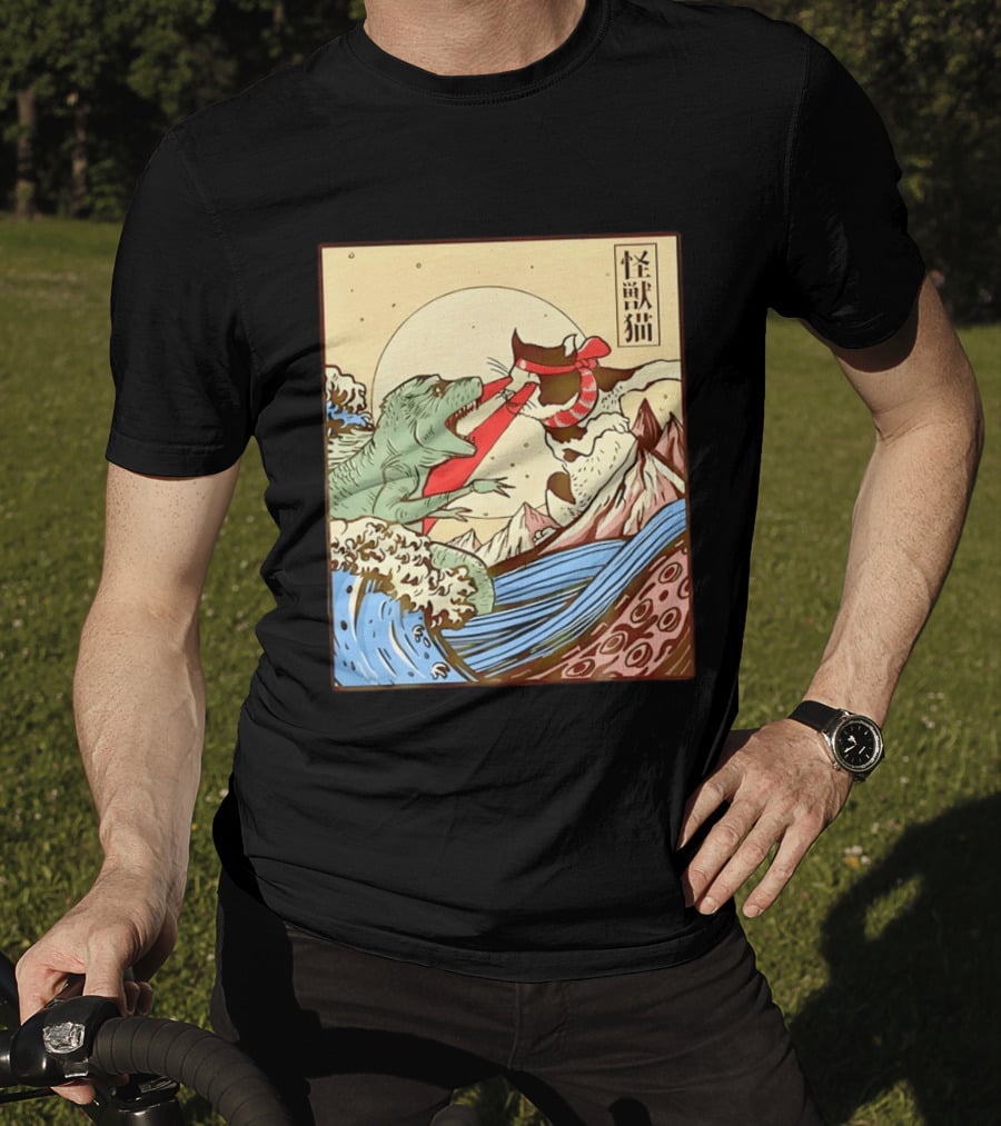 Japanese Great Wave Cat Vs Monster Classic Kaiju T-Shirt