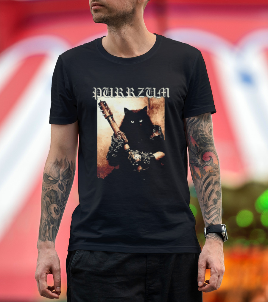 Purrzum Cat Black Metal Aesthetic Feline Holding Guitar T-Shirt