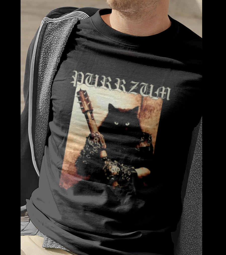 Purrzum Cat Black Metal Aesthetic Feline Holding Guitar T-Shirt