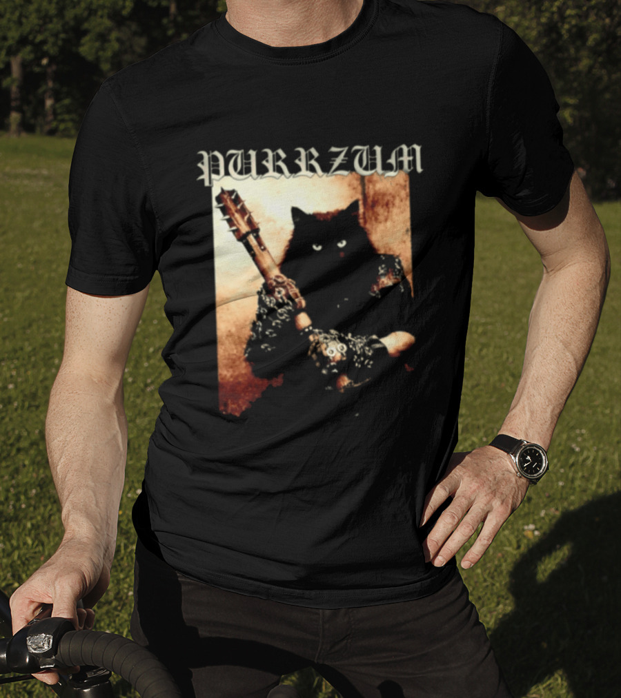 Purrzum Cat Black Metal Aesthetic Feline Holding Guitar T-Shirt