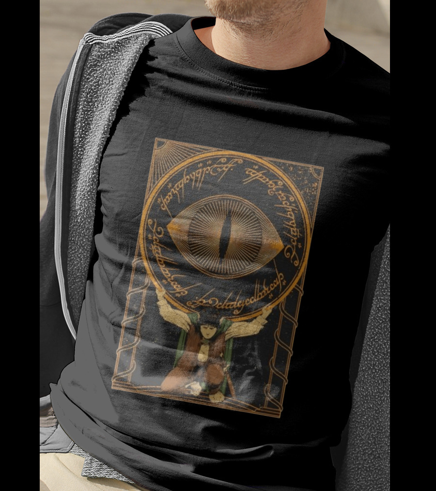 Frodo Baggins Carrying The Eye Of Sauron With Elvish Script Lord Of The Rings T-Shirt