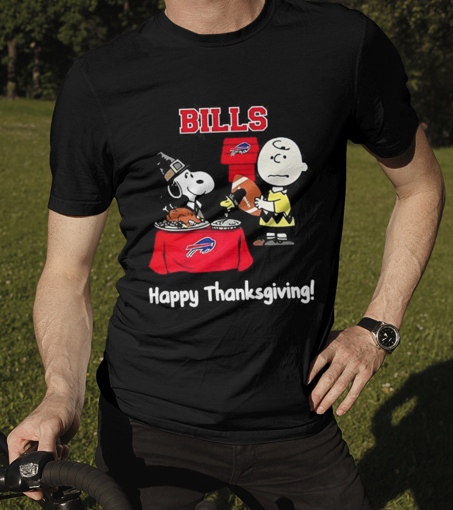 Snoopy And Charlie Brown Celebrate Buffalo Bills Happy Thanksgiving T-Shirt