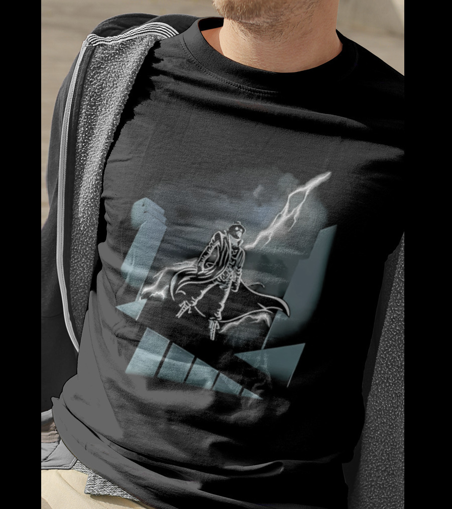 Spider Man Noir X Batman The Animated Series Noir Crossover With Light Burst And Gotham City Skyline T-Shirt