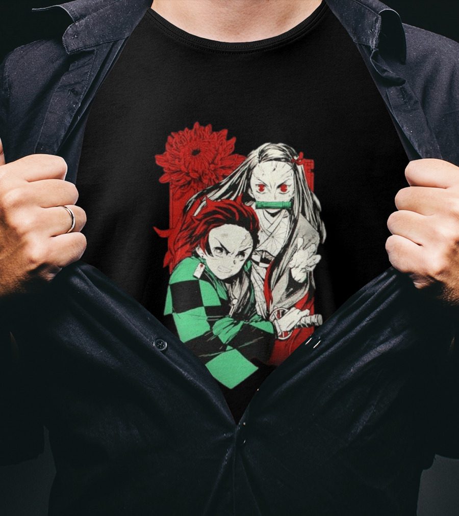Tanjiro And Nezuko Demon Slayer Manga Red Flower T-Shirt