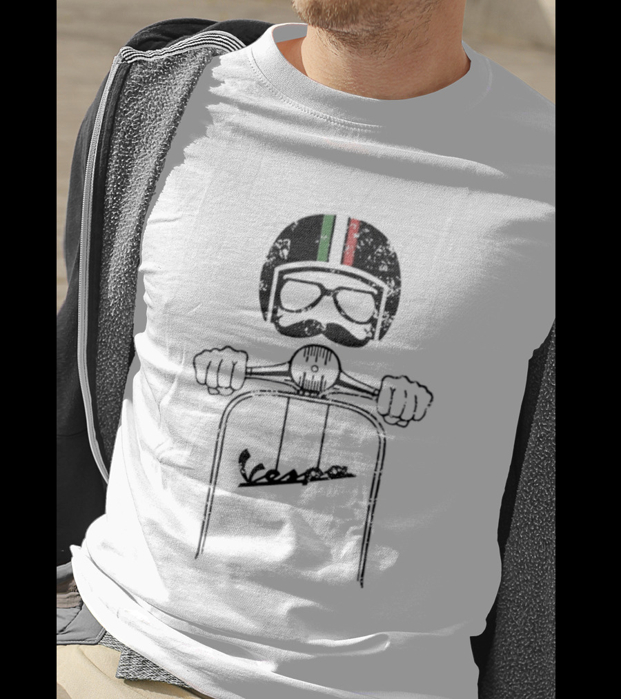 Vespa Piaggio Hipster Distressed Helmet With Italian Flag And Mustache T-Shirt