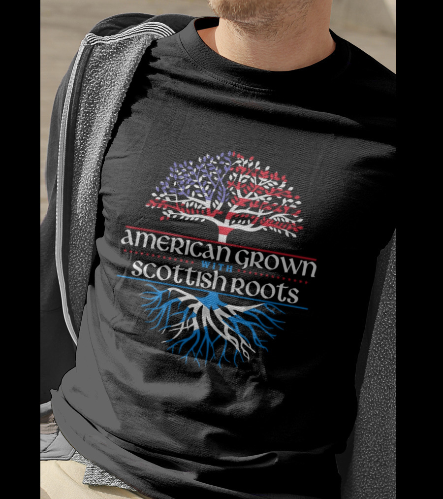 American Grown With Scottish Roots Tree American Flag Scotland Flag T-Shirt