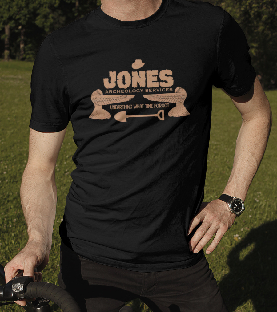 Jones Archaeology Services Unearthing What Time Forgot Adventure Shovel Winged Hat T-Shirt