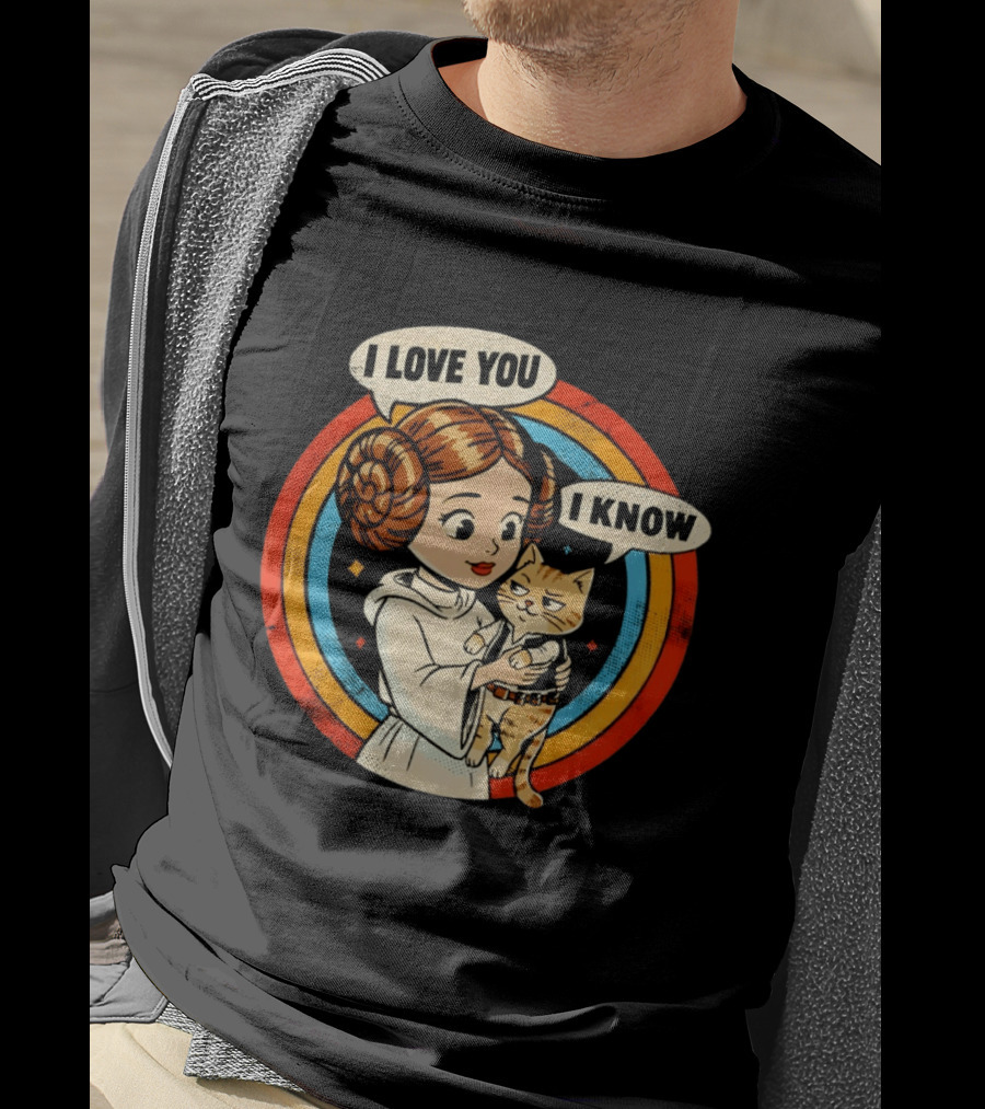 Princess Leia Style Girl Holding Cat I Love You I Know Retro 70s Cartoon T-Shirt