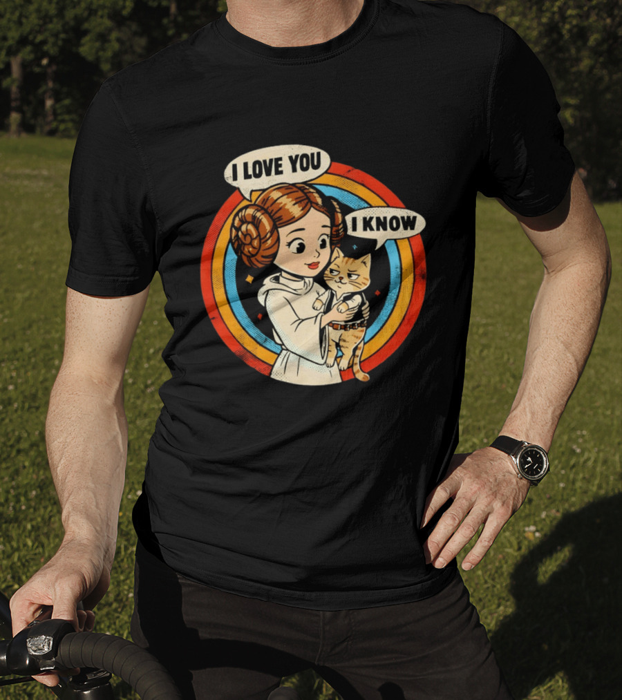 Princess Leia Style Girl Holding Cat I Love You I Know Retro 70s Cartoon T-Shirt