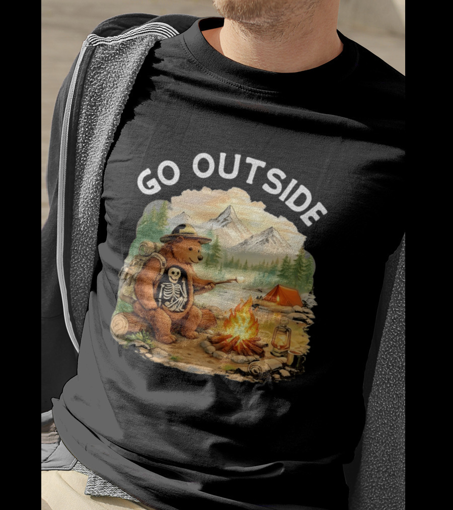 Hiking Bear Campfire Skeleton Inside Bear's Stomach Go Outside T-Shirt