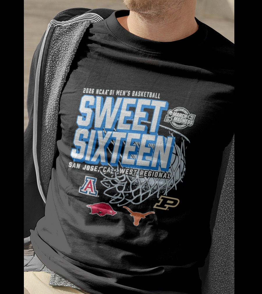 2026 NCAA DI Men's Basketball Sweet Sixteen San Jose West Regional Arizona Arkansas Texas Purdue Logos T-Shirt