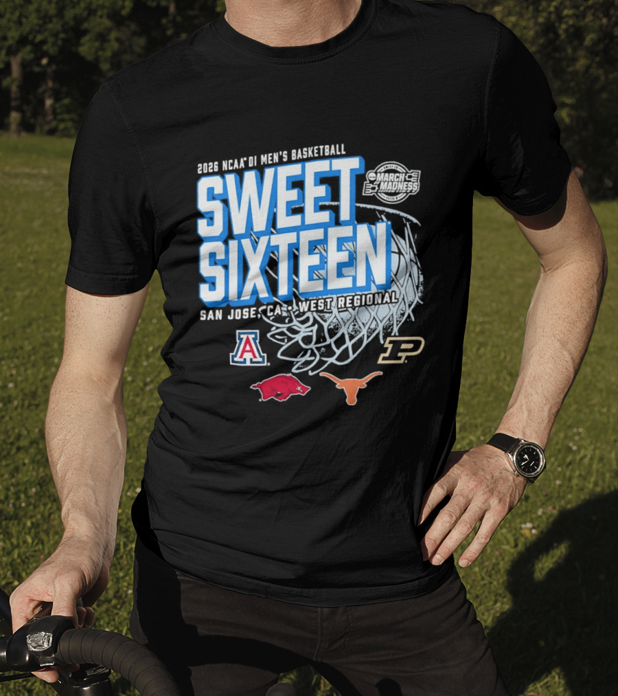 2026 NCAA DI Men's Basketball Sweet Sixteen San Jose West Regional Arizona Arkansas Texas Purdue Logos T-Shirt