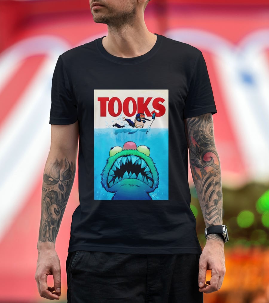 TOOKS Cartoon Giant Monster Inspired By Jaws With Diver And Cap T-Shirt