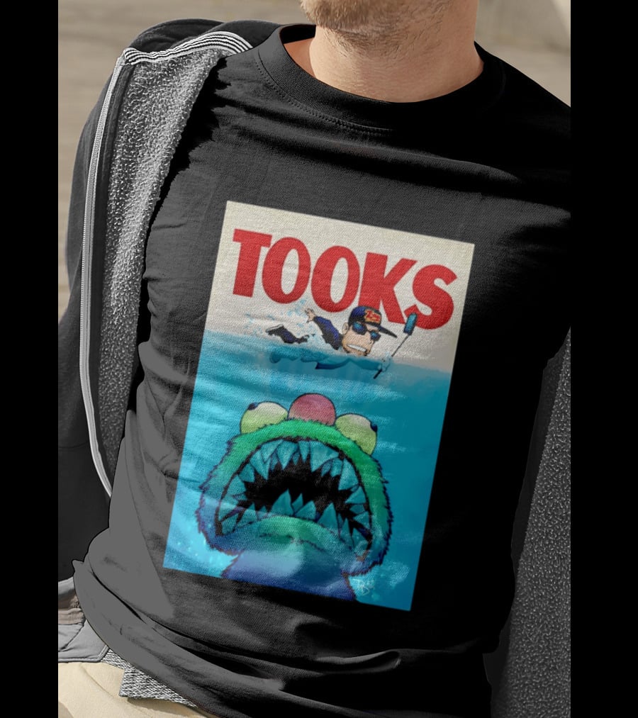 TOOKS Cartoon Giant Monster Inspired By Jaws With Diver And Cap T-Shirt