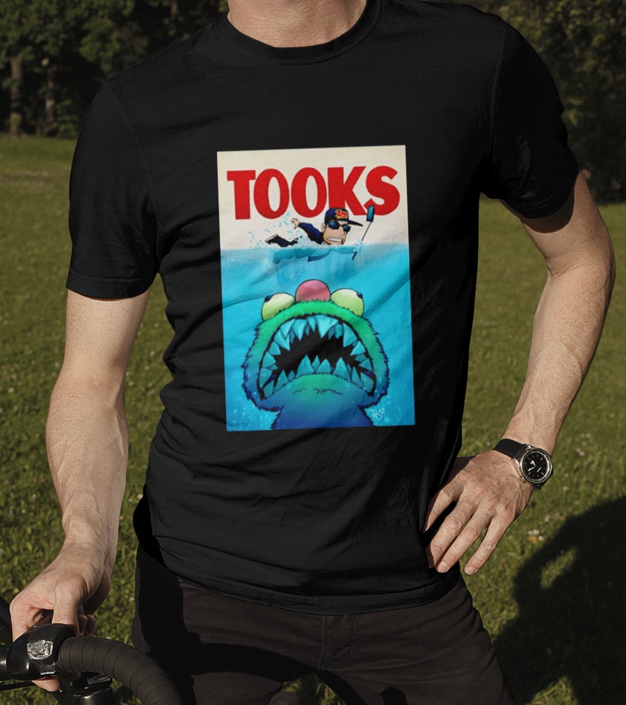 TOOKS Cartoon Giant Monster Inspired By Jaws With Diver And Cap T-Shirt