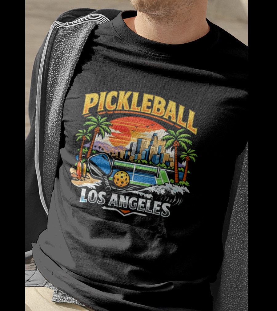 Los Angeles Pickleball City Skyline Sunset Palm Trees T-Shirt