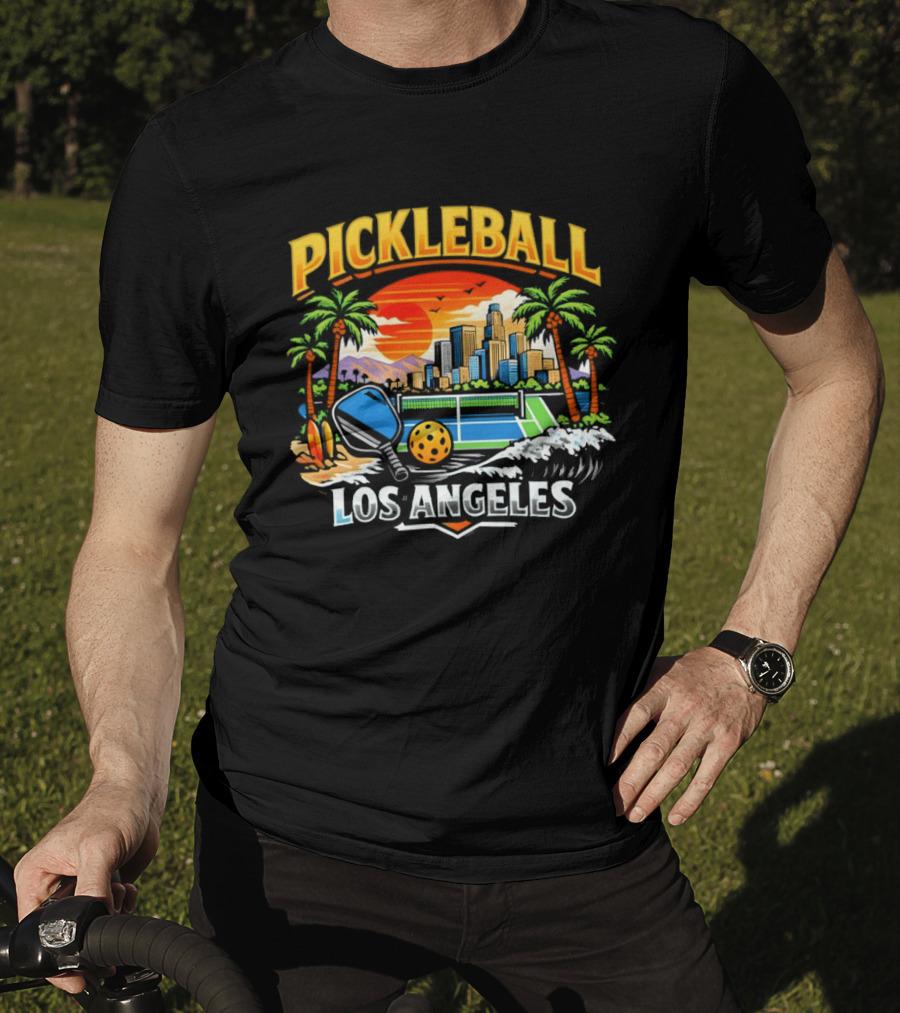 Los Angeles Pickleball City Skyline Sunset Palm Trees T-Shirt