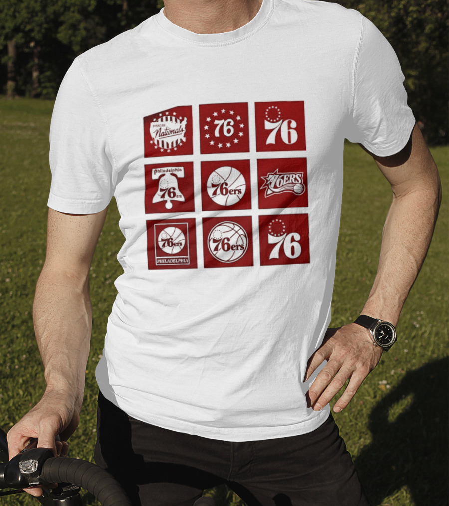 Philadelphia 76ers NBA Team Retro Icons And Number 76 Basketball Squares T-Shirt