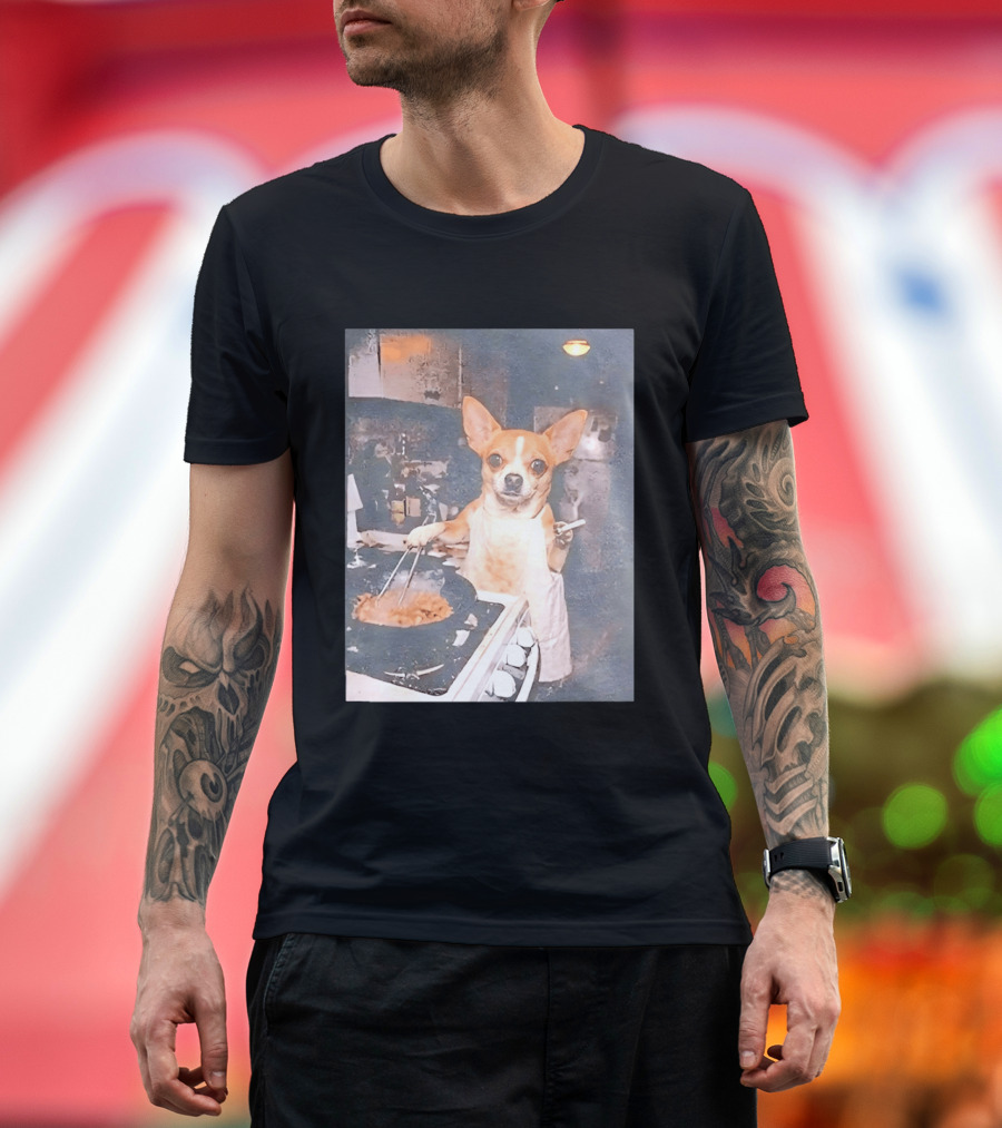 Chihuahua In Apron Cooking While Smoking In Vintage Kitchen Scene T-Shirt